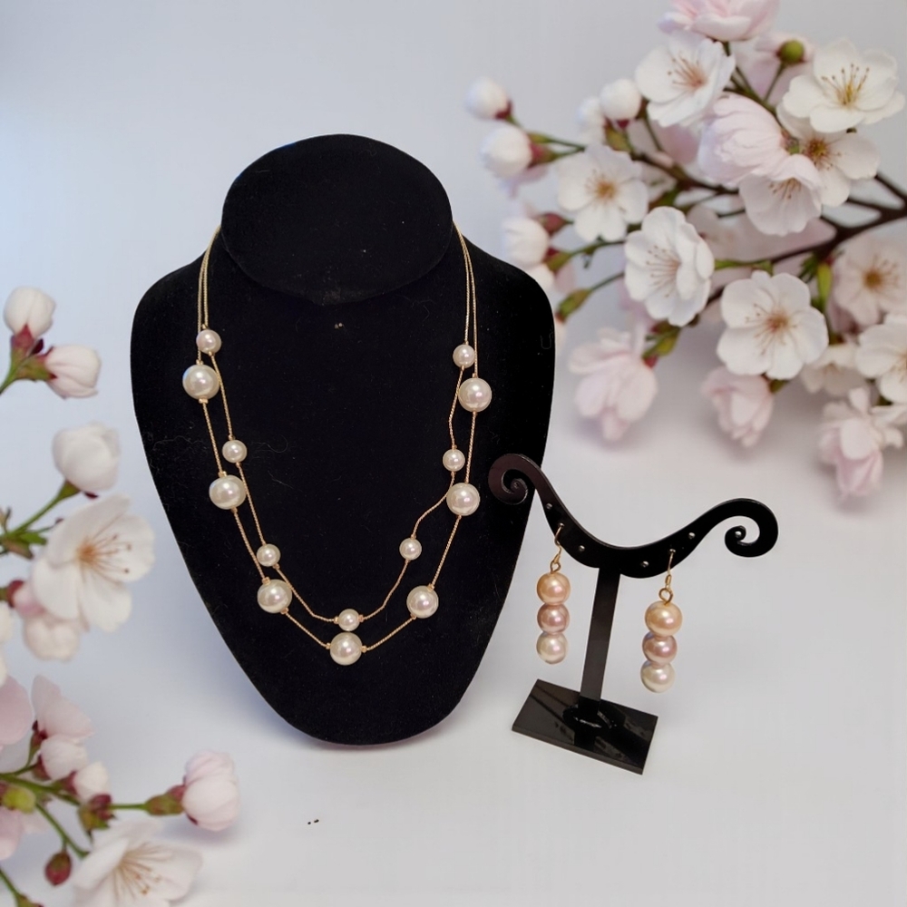 Fashion Jewelry Pink Pearl Layered Necklace with Matching Drop Earrings